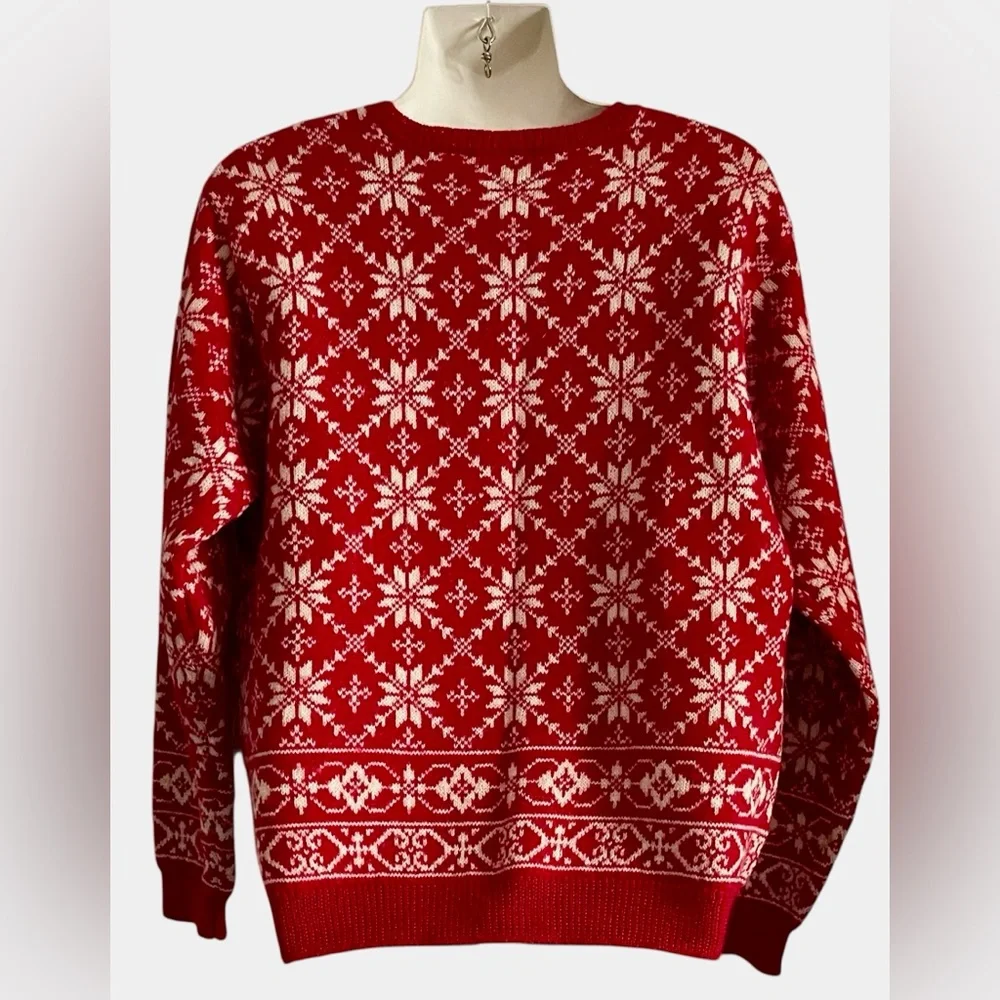 Vintage Talbots 100%WOOL 100% LAINE Snowflake Sweater Women Sz M Red